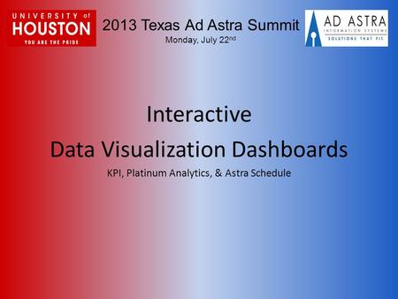 2013 Texas Ad Astra Summit Monday, July 22 nd Interactive Data Visualization Dashboards KPI, Platinum Analytics, & Astra Schedule.