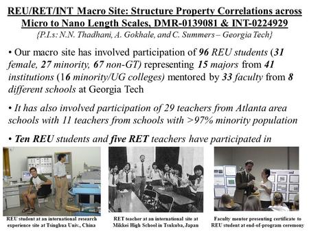 REU/RET/INT Macro Site: Structure Property Correlations across Micro to Nano Length Scales, DMR-0139081 & INT-0224929 {P.I.s: N.N. Thadhani, A. Gokhale,