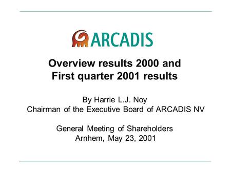 Overview results 2000 and First quarter 2001 results By Harrie L.J. Noy Chairman of the Executive Board of ARCADIS NV General Meeting of Shareholders Arnhem,