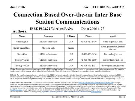 Doc.: IEEE 802.22-06/0111r1 Submission June 2006 STMicroelectronics, Motorola Labs Slide 1 Connection Based Over-the-air Inter Base Station Communications.