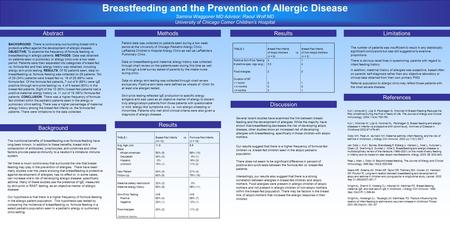 Breastfeeding and the Prevention of Allergic Disease Samina Waggoner MD Advisor: Raoul Wolf MD University of Chicago Comer Children’s Hospital AbstractMethodsResultsLimitations.