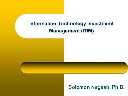 Information Technology Investment Management (ITIM) Solomon Negash, Ph.D.