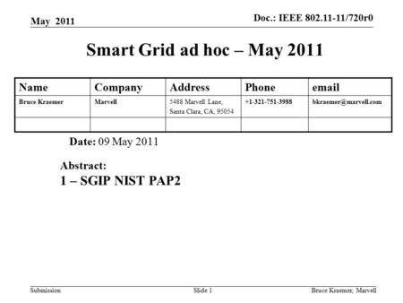 Doc.: IEEE 802.11-11/0720r1 Submission Doc.: IEEE 802.11-11/720r0 May 2011 Bruce Kraemer, MarvellSlide 1 Smart Grid ad hoc – May 2011 Date: 09 May 2011.