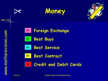 MNU 3-09a 9-Dec-15Created by Mr. Lafferty Maths Dept. Money Foreign Exchange Best Buys www.mathsrevision.com Best Service Credit and Debit Cards Best Contract.