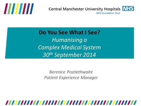 Berenice Postlethwaite Patient Experience Manager Do You See What I See? Humanising a Complex Medical System 30 th September 2014.