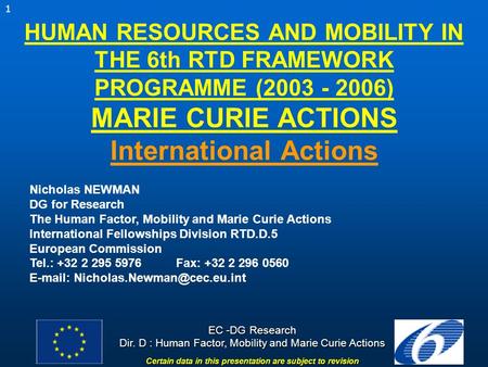 1 EC -DG Research Dir. D : Human Factor, Mobility and Marie Curie Actions Certain data in this presentation are subject to revision HUMAN RESOURCES AND.