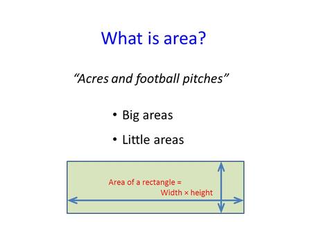 What is area? Big areas Little areas “Acres and football pitches” Area of a rectangle = Width × height.