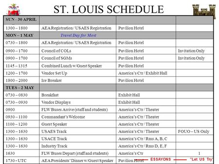 ESSAYONS Let US Try 1 ST. LOUIS SCHEDULE SUN - 30 APRIL 1300 – 1800AEA Registration / USAES RegistrationPavilion Hotel MON – 1 MAY Travel Day for Most.