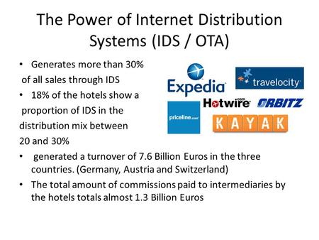 The Power of Internet Distribution Systems (IDS / OTA) Generates more than 30% of all sales through IDS 18% of the hotels show a proportion of IDS in the.