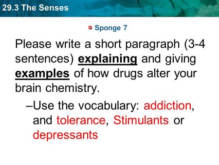 29.3 The Senses Sponge 7 Please write a short paragraph (3-4 sentences) explaining and giving examples of how drugs alter your brain chemistry. –Use the.