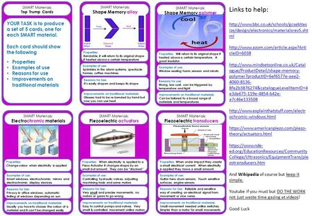 SMART Materials: Top Trump Cards YOUR TASK is to produce a set of 5 cards, one for each SMART material. Each card should show the following Properties.