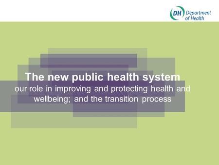 Click to edit Master title style Click to edit Master subtitle style The new public health system our role in improving and protecting health and wellbeing;