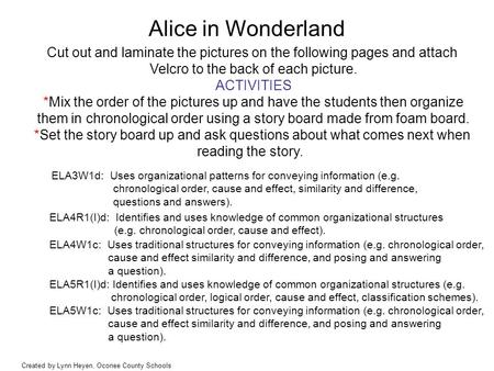 Alice in Wonderland Cut out and laminate the pictures on the following pages and attach Velcro to the back of each picture. ACTIVITIES *Mix the order of.