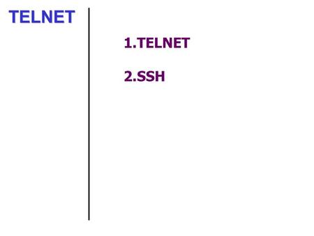 TELNET 1.TELNET 2.SSH. TELNET  TELNET is an abbreviation for TErminaL NETwork.  It is the standard TCP/IP protocol for virtual terminal service as proposed.