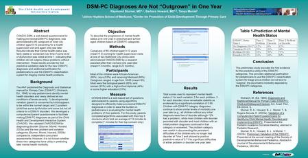 Abstract CHADIS-DSM, a web-based questionnaire for making provisional DSM-PC diagnoses, was administered to 85 caregivers of inner city children aged 3-12.