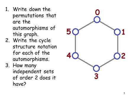 1 1.Write down the permutations that are the automorphisms of this graph. 2.Write the cycle structure notation for each of the automorphisms. 3.How many.