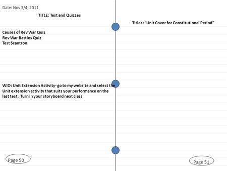 TITLE: Test and Quizzes Page 51 Date: Nov 3/4, 2011 Titles: “Unit Cover for Constitutional Period” Page 50 Causes of Rev War Quiz Rev War Battles Quiz.