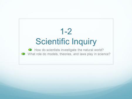 1-2 Scientific Inquiry How do scientists investigate the natural world? What role do models, theories, and laws play in science?