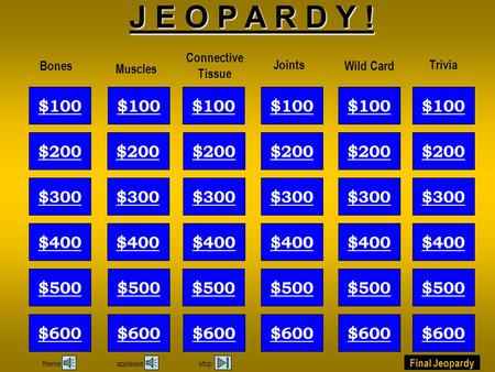 Final Jeopardy themeapplausestop Joints Muscles Connective Tissue BonesWild Card Trivia $100 $200 $300 $400 $500 $600 $100 $200 $300 $400 $500 $600 $100.