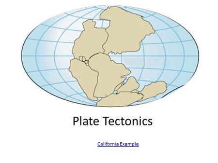 Plate Tectonics California Example. Plate Tectonics Greek – “tektonikos” of a builder Pieces of the lithosphere that move around Each plate has a name.