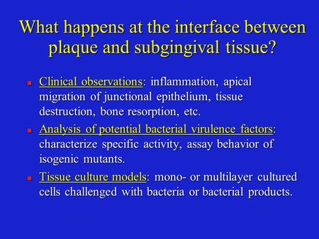 What happens at the interface between plaque and subgingival tissue? n Clinical observations: inflammation, apical migration of junctional epithelium,