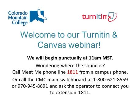 Welcome to our Turnitin & Canvas webinar! We will begin punctually at 11am MST. Wondering where the sound is? Call Meet Me phone line 1811 from a campus.