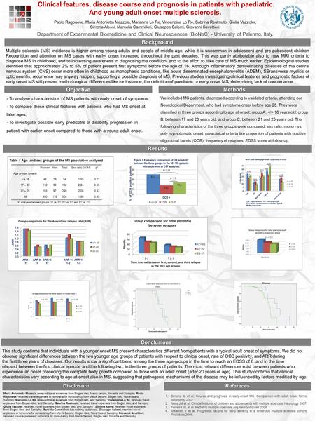 Clinical features, disease course and prognosis in patients with paediatric And young adult onset multiple sclerosis. Paolo Ragonese, Maria Antonietta.