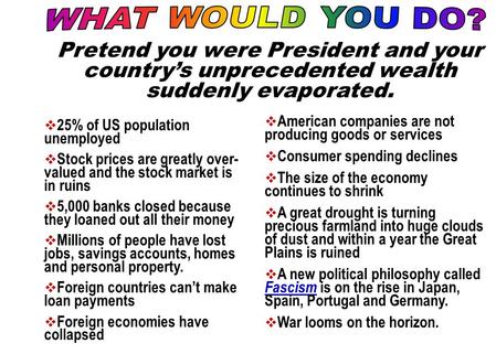 WHAT WOULD YOU DO? Pretend you were President and your country’s unprecedented wealth suddenly evaporated. American companies are not producing goods or.