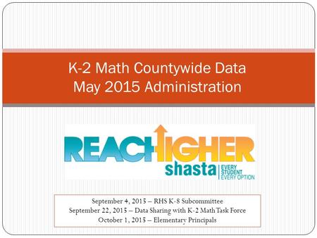 K-2 Math Countywide Data May 2015 Administration September 4, 2015 – RHS K-8 Subcommittee September 22, 2015 – Data Sharing with K-2 Math Task Force October.