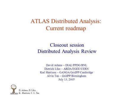 D. Adams, D. Liko, K...Harrison, C. L. Tan ATLAS ATLAS Distributed Analysis: Current roadmap David Adams – DIAL/PPDG/BNL Dietrich Liko – ARDA/EGEE/CERN.