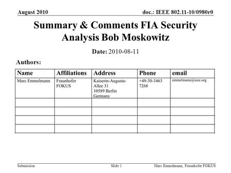 Doc.: IEEE 802.11-10/0980r0 Submission August 2010 Marc Emmelmann, Fraunhofer FOKUSSlide 1 Summary & Comments FIA Security Analysis Bob Moskowitz Date: