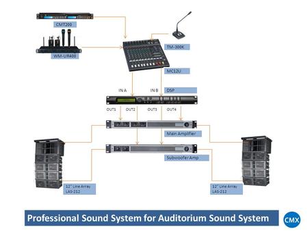 IN AIN B OUT1OUT2OUT3OUT4 MC12U DSP Main Amplifier Subwoofer Amp CMT200 WM-UR400 TM-300K 12” Line Array LAS-212 12” Line Array LAS-212 Professional Sound.