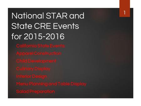 National STAR and State CRE Events for 2015-2016 California State Events: Apparel Construction Child Development Culinary Display Interior Design Menu.