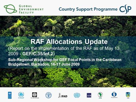 Sub-Regional Workshop for GEF Focal Points in the Caribbean Bridgetown, Barbados, 16-17 June 2009 RAF Allocations Update (Report on the Implementation.