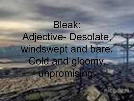 Bleak: Adjective- Desolate, windswept and bare. Cold and gloomy, unpromising.