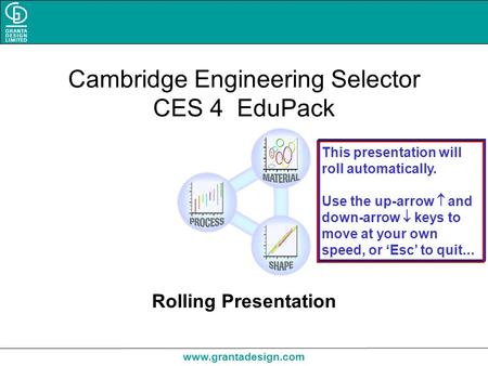 Www.grantadesign.com Cambridge Engineering Selector CES 4 EduPack Rolling Presentation This presentation will roll automatically. Use the up-arrow  and.