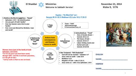 1 El Shaddai Ministries November 21, 2014 Welcome to Sabbath Service! Kislev 9, 5776 ENGLISH NAME:__________________________ HEBREW NAME:_______________________________.