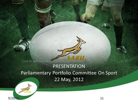 Click to edit Master subtitle style 5/23/12 PRESENTATION Parliamentary Portfolio Committee On Sport 22 May, 2012 11.