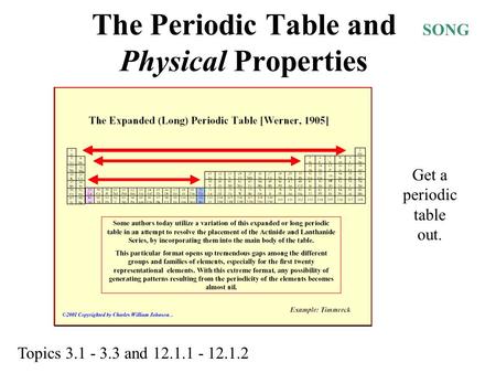 The Periodic Table and Physical Properties SONG Topics 3.1 - 3.3 and 12.1.1 - 12.1.2 Get a periodic table out.