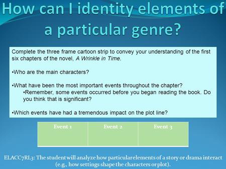 ELACC7RL3: The student will analyze how particular elements of a story or drama interact (e.g., how settings shape the characters or plot). Complete the.