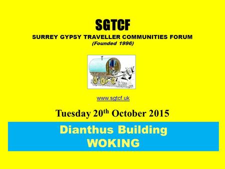 Dianthus Building WOKING Tuesday 20 th October 2015 SGTCF SURREY GYPSY TRAVELLER COMMUNITIES FORUM (Founded 1996) www.sgtcf.uk.