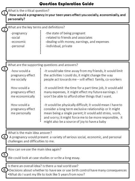 What is the critical question? How would a pregnancy in your teen years effect you socially, economically, and personally? 1 What are the key terms and.