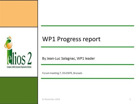 12 November 20141 WP1 Progress report By Jean-Luc Salagnac, WP1 leader Forum meeting 7, DG ENTR, Brussels.