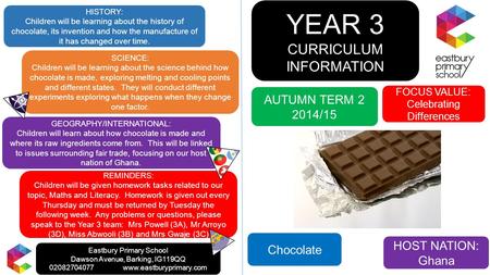 YEAR 3 CURRICULUM INFORMATION FOCUS VALUE: Celebrating Differences AUTUMN TERM 2 2014/15 GEOGRAPHY/INTERNATIONAL: Children will learn about how chocolate.