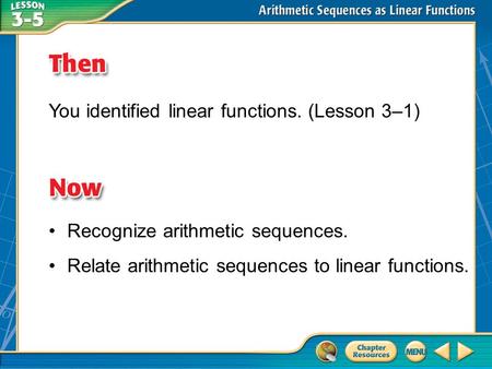 Then/Now You identified linear functions. (Lesson 3–1) Recognize arithmetic sequences. Relate arithmetic sequences to linear functions.