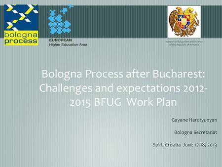 Bologna Process after Bucharest: Challenges and expectations 2012- 2015 BFUG Work Plan Gayane Harutyunyan Bologna Secretariat Split, Croatia June 17-18,