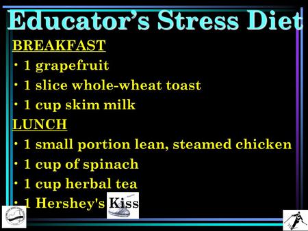 Educator’s Stress Diet BREAKFAST 1 grapefruit 1 slice whole-wheat toast 1 cup skim milk LUNCH 1 small portion lean, steamed chicken 1 cup of spinach 1.