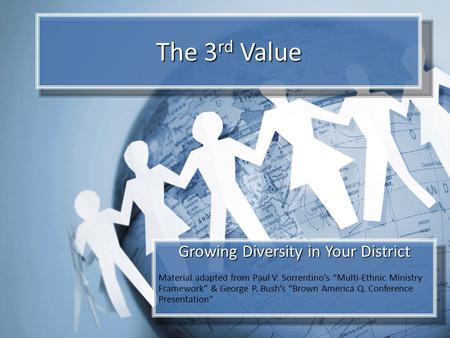 The 3 rd Value Growing Diversity in Your District Material adapted from Paul V. Sorrentino’s “Multi-Ethnic Ministry Framework” & George P. Bush’s “Brown.