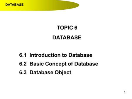 1 TOPIC 6 DATABASE 6.1 Introduction to Database 6.2 Basic Concept of Database 6.3 Database Object DATABASE.