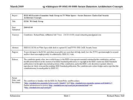 March 2009 Richard Paine, SelfSlide 1 sg-whitespace-09-0061-00-0000-Secure-Datastore-Architecture-Concepts Submission Project IEEE 802 Executive Committee.